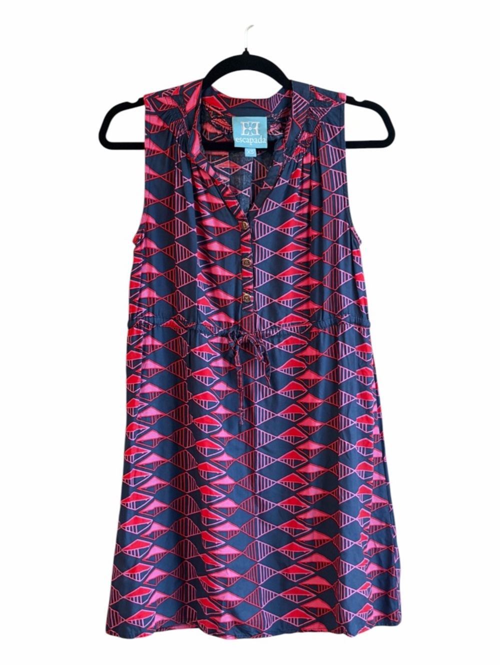Escapada XS Sleeveless Drawstring Tunic Dress Pink Blue Geometric